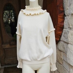 Gorgeous Cream Viscose Nylon Knit Ruffle Mock Neck Pearl Decorated Sweater M
